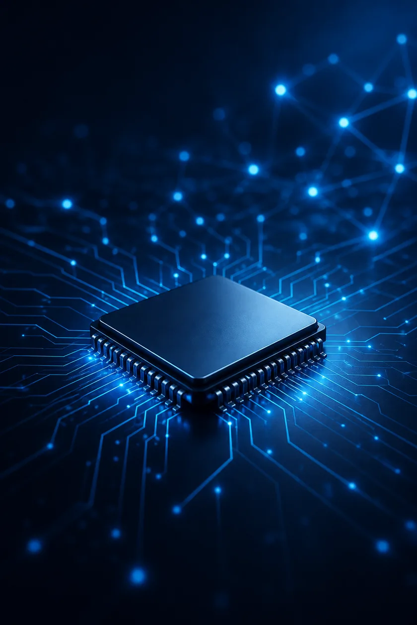 A microchip on a dark circuit board with glowing blue traces.