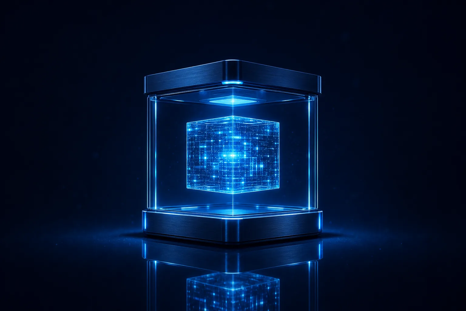 A glowing data core sealed inside a protective glass enclosure, representing sensitive data kept within a controlled boundary.