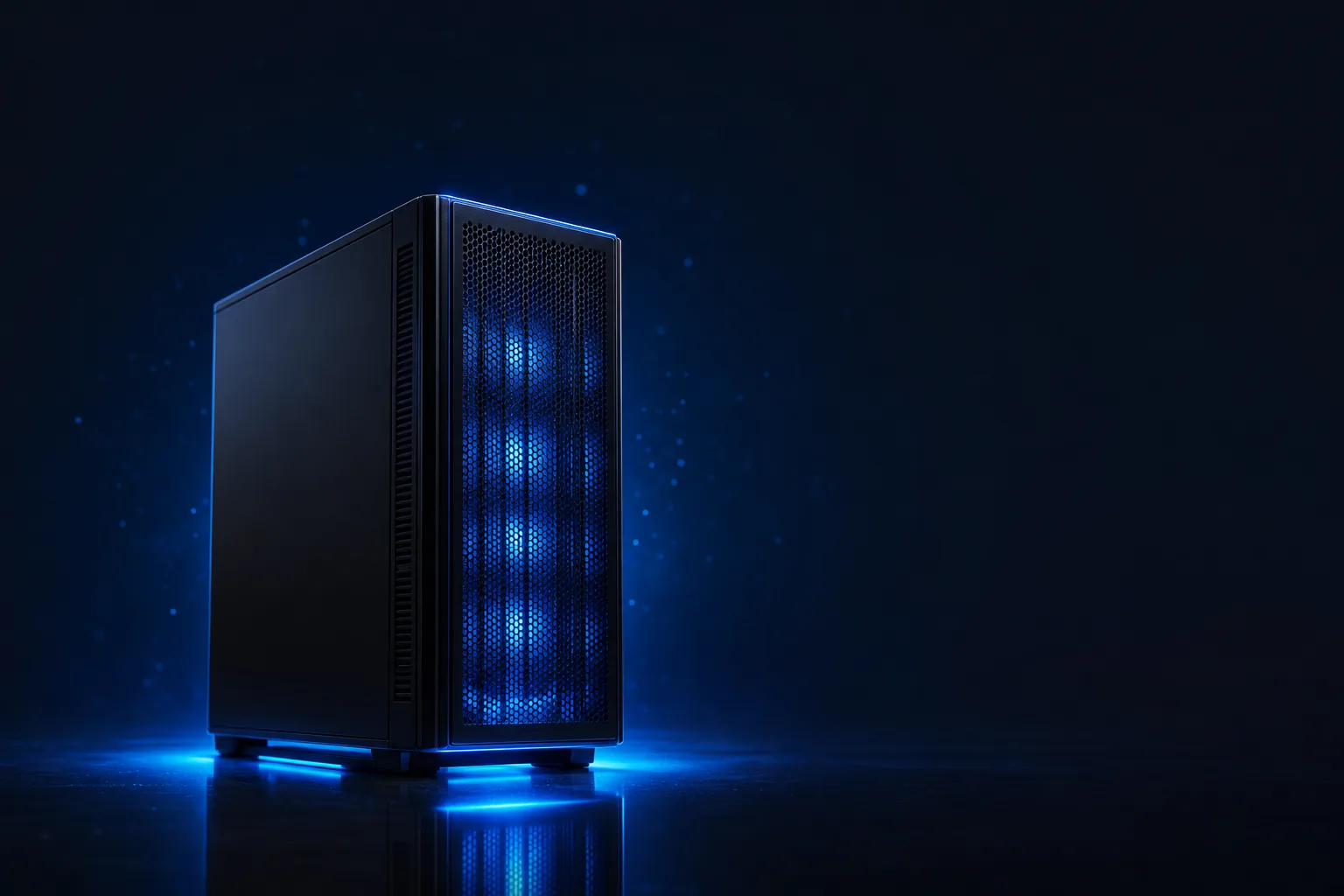 A private on-premise server glowing in a dark studio, representing AI infrastructure kept in-house.