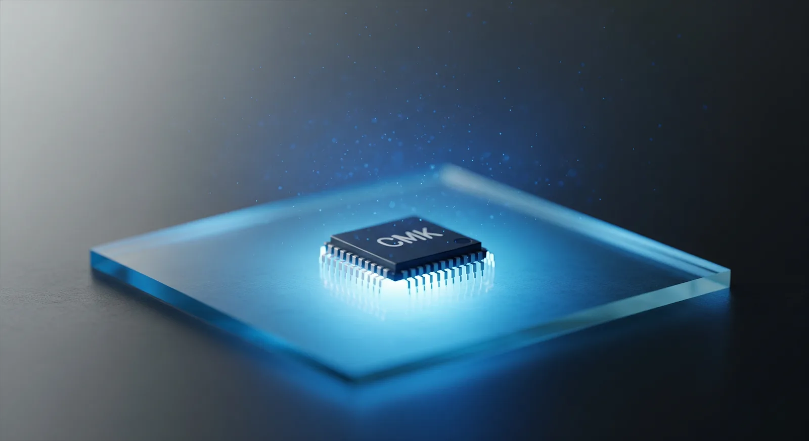 A microprocessor glowing on a pane of glass, from silicon to working systems.